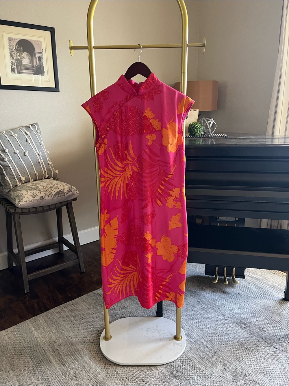 JS Collections vintage Pink and Orange Floral Mandarin-Collar silk Midi Dress